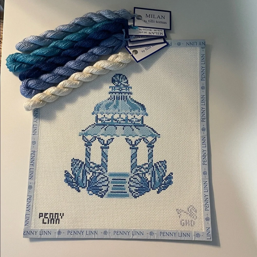 Penny Linn Blue Shells Pagoda Needlepoint Canvas by Grey Hall Designs w/ thread - Picture 3 of 4